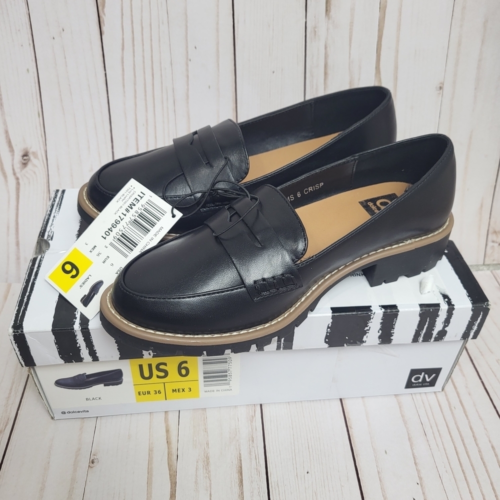 NWT dv by Dolce Vita “Crisp” Classic Penny Loafer / Lug Sole, Block Heel (Black)